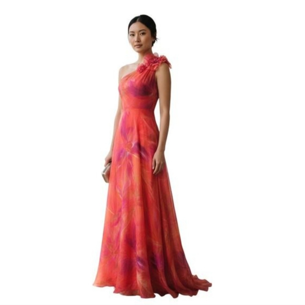 Muse Marchesa One Shoulder Hibiscus Orange Evening Gown Formal Dress 